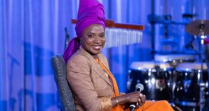 Angelique Kidjo To Become First African Musician To Get Hollywood Star Angelique Kidjo speaks on stage during An Evening With Angelique Kidjo at Grammy Museum on August 17