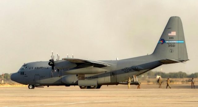 A-US-Air-Force-C-130-Hercules-military-transport-aircraft-prepares-for-takeoff-from-Camp-Victory-on A-US-Air-Force-C-130-Hercules-military-transport-aircraft-prepares-for-takeoff-from-Camp-Victory-on
