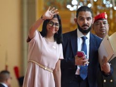 Venezuela Interim Leader Arrives In US For UNGA Venezuelas-interim-President-Delcy-Rodriguez-greets-the-media-before-the-arrival-of-Paraguays-Pres