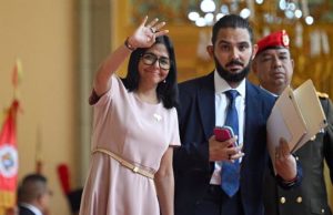 Venezuela Interim Leader Arrives In US For UNGA Venezuelas-interim-President-Delcy-Rodriguez-greets-the-media-before-the-arrival-of-Paraguays-Pres
