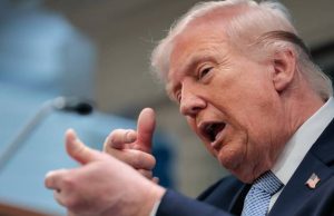 US reportedly Considering Hitting Iran with Mother of all Bombs’ US President Donald Trump mimics firing a gun as he speaks about the conflict in Iran in the James S. Brady Press Briefing Room of the White House on April 6, 2026, in Washington, DC. (Photo by Kent Nishimura / AFP)