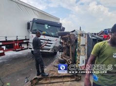 PHOTOS: Five Injured As Truck Rams Into Buses At Berger Bus Stop In Lagos Trailer_Bus-Accident-3